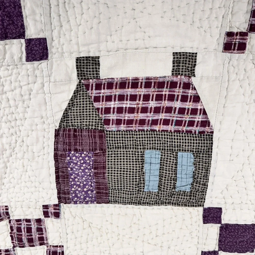 VTG Irish Chain Quilt Feedsack Farmhouse Cottage Purple Blue 81x81 Excellent!